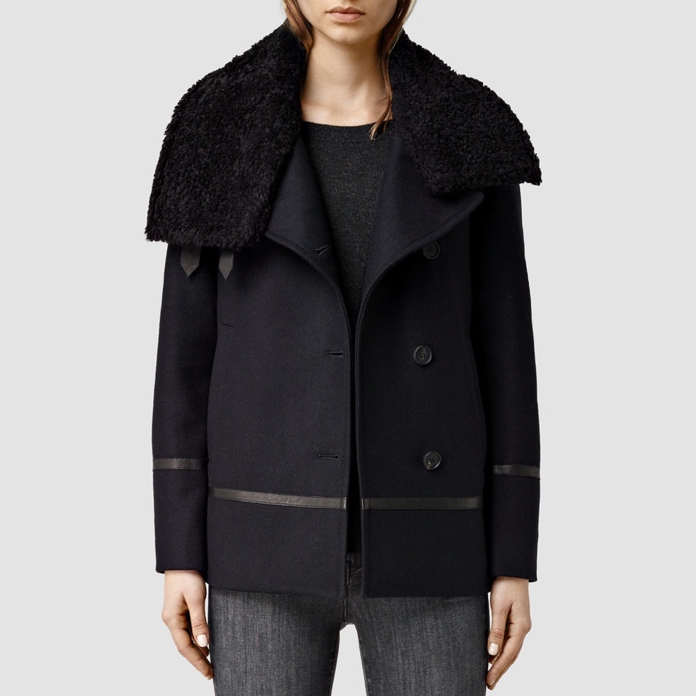 Allsaints Okito Pea Coat - Wool & Sheepskin collar
